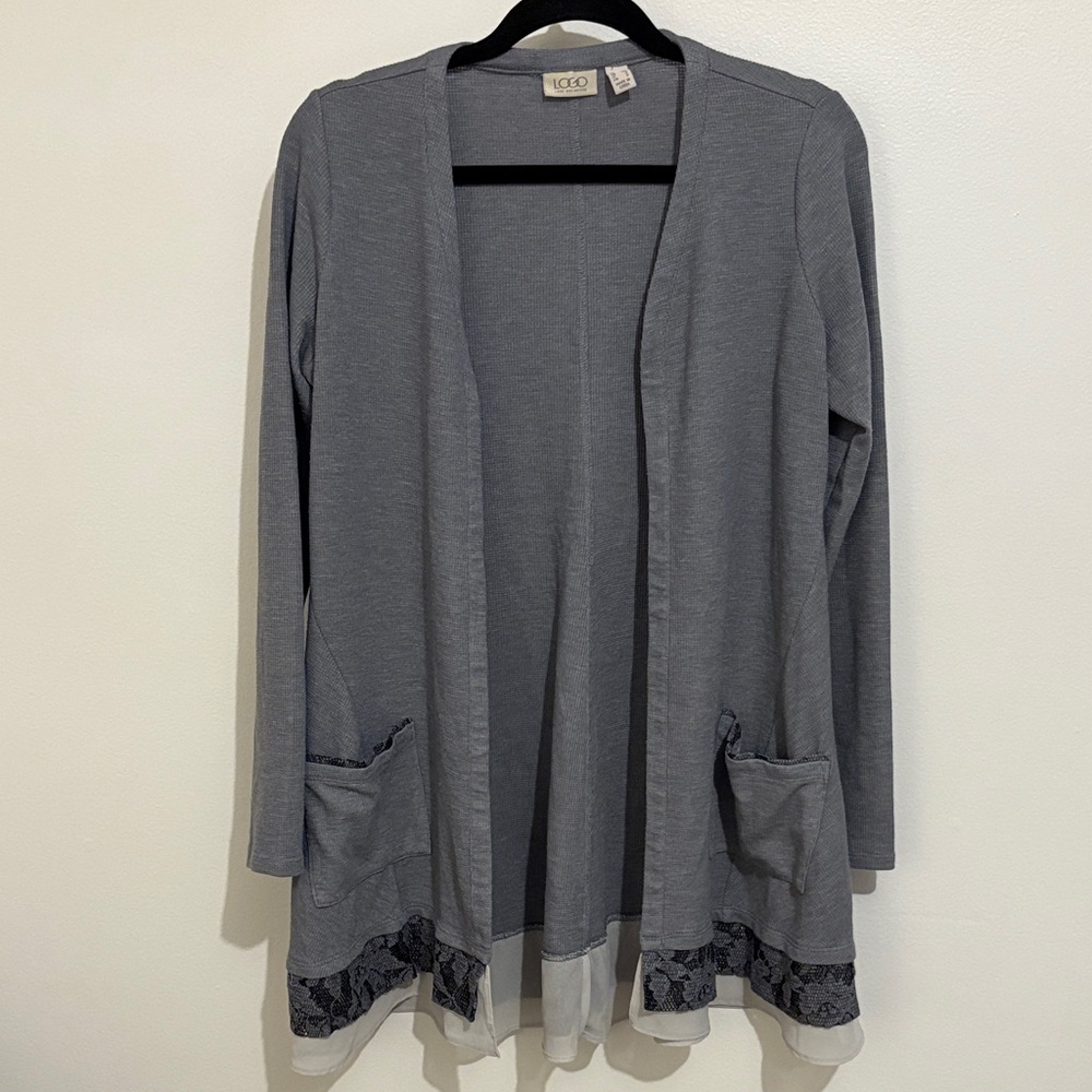 LOGO Gray Open Front Waffle-Knit Cardigan with Lace & Chiffon Trim